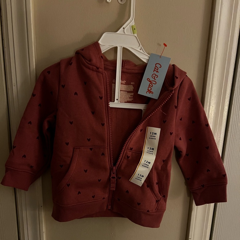 Cat & Jack maroon and pick blend with dark maroon hearts Heart Zip-Up. 12 months